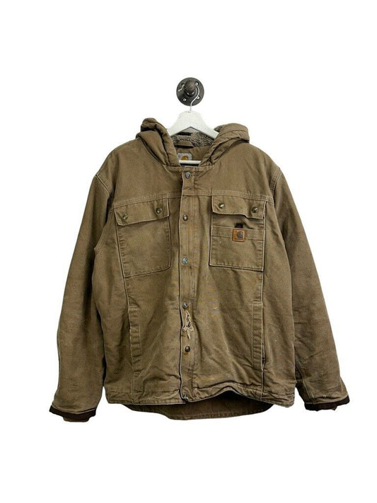 Vintage Carhartt Sherpa Lined Canvas Workwear Hooded Jacket Size Large Beige