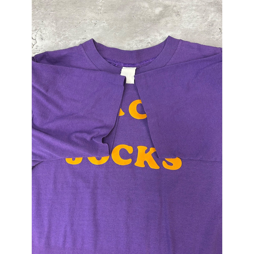 Vintage 80s Bleacher Jocks Felt Spellout Graphic T-Shirt Size Medium Purple
