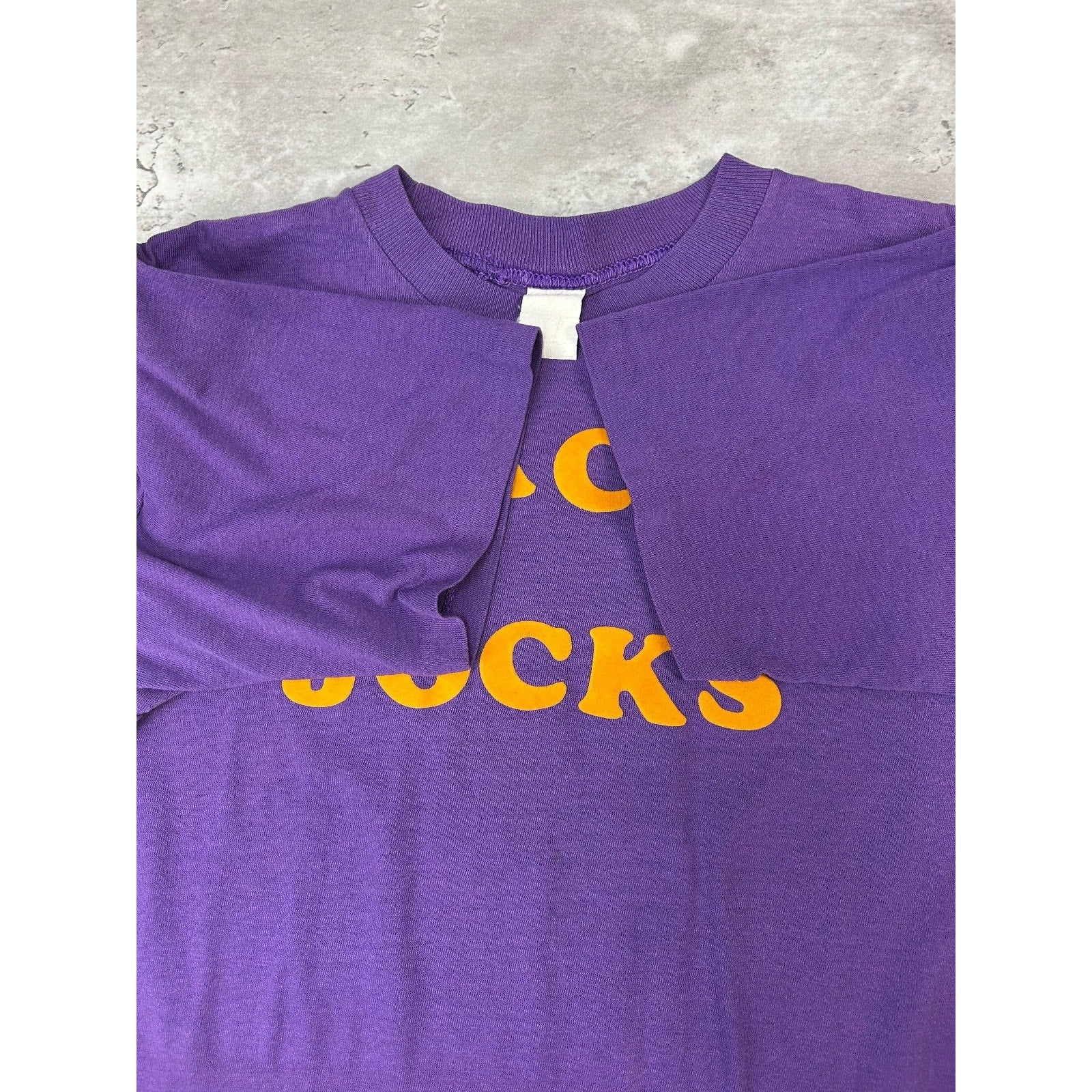 Vintage 80s Bleacher Jocks Felt Spellout Graphic T-Shirt Size Medium Purple