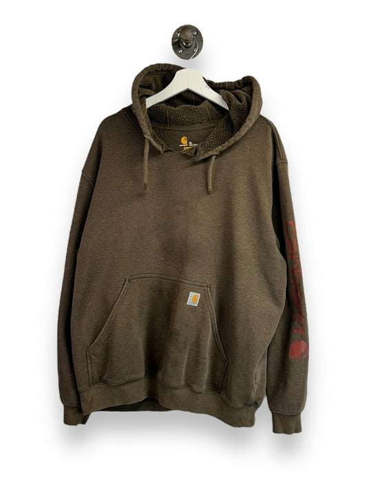 Carhartt Original Fit Sleeve Spellout Hooded Workwear Sweatshirt Size XL Brown