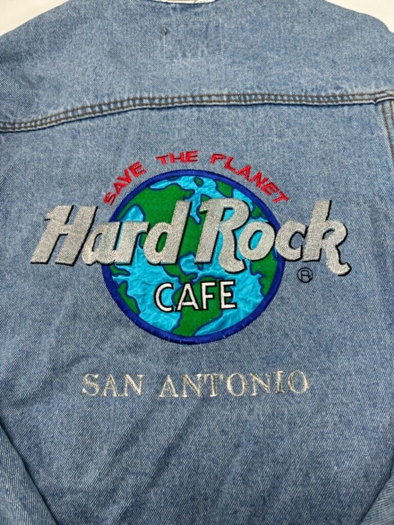 VTG 90s Hard Rock Cafe San Antonio Save The Planet Denim Trucker Jacket Sz Large