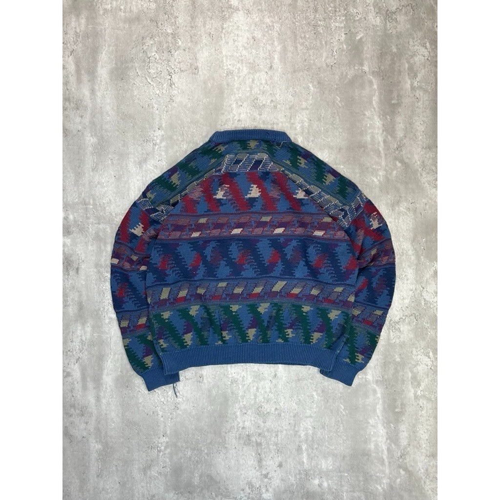 Vintage 90s Abstract Geometric Striped Pullover Knit Sweater Size XL