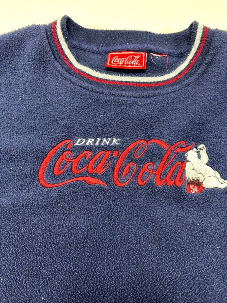 Vintage Coca-Cola Embroiderd Graphic Fleece Sweatshirt Size Medium Blue