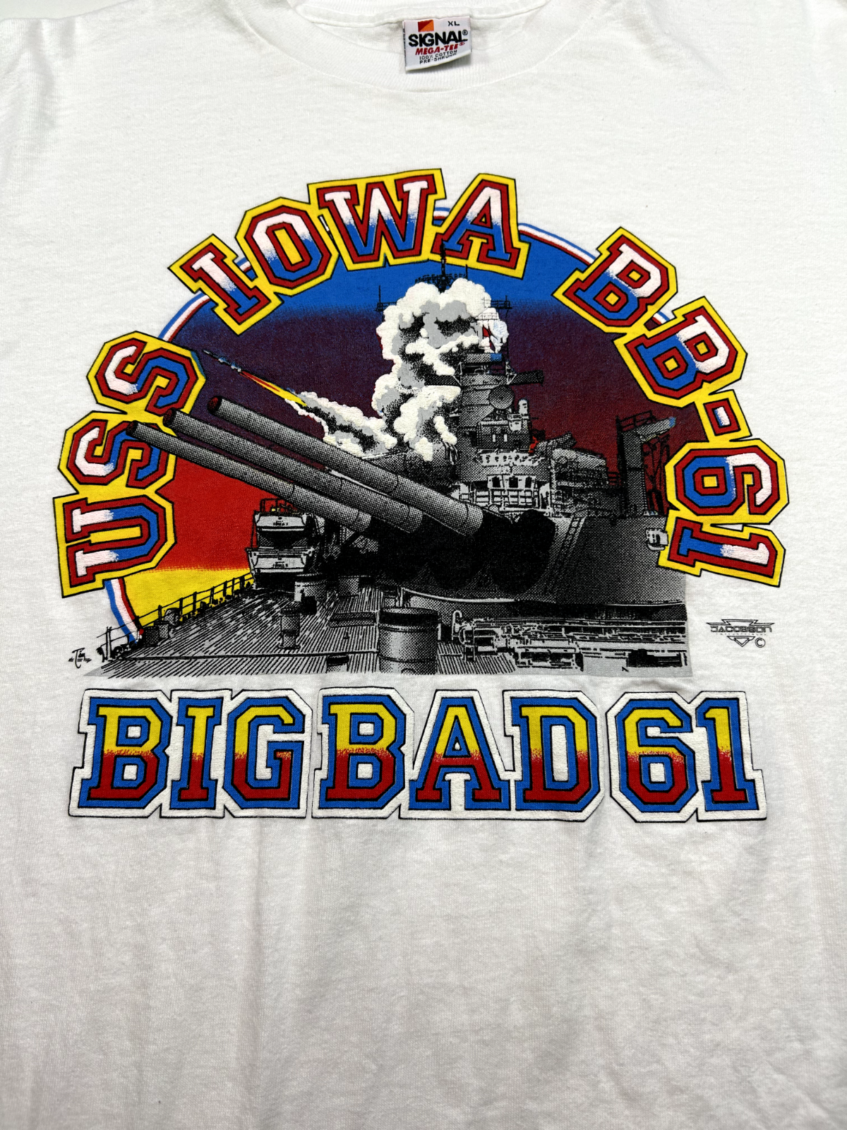 Vintage 90s USS Iowa Big Bad 61 US Navy Boat Graphic T-Shirt Size XL