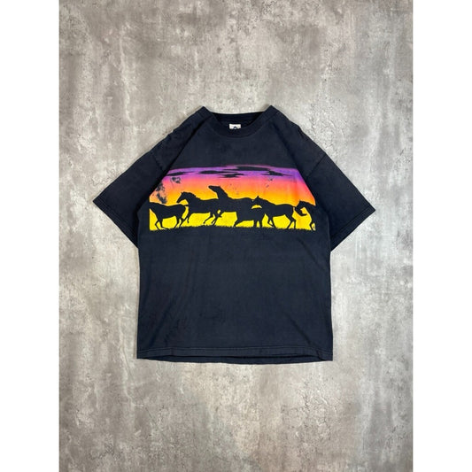 Vintage 90s Horses Equestrian Sunset Animal Nature Graphic T-Shirt Size XL