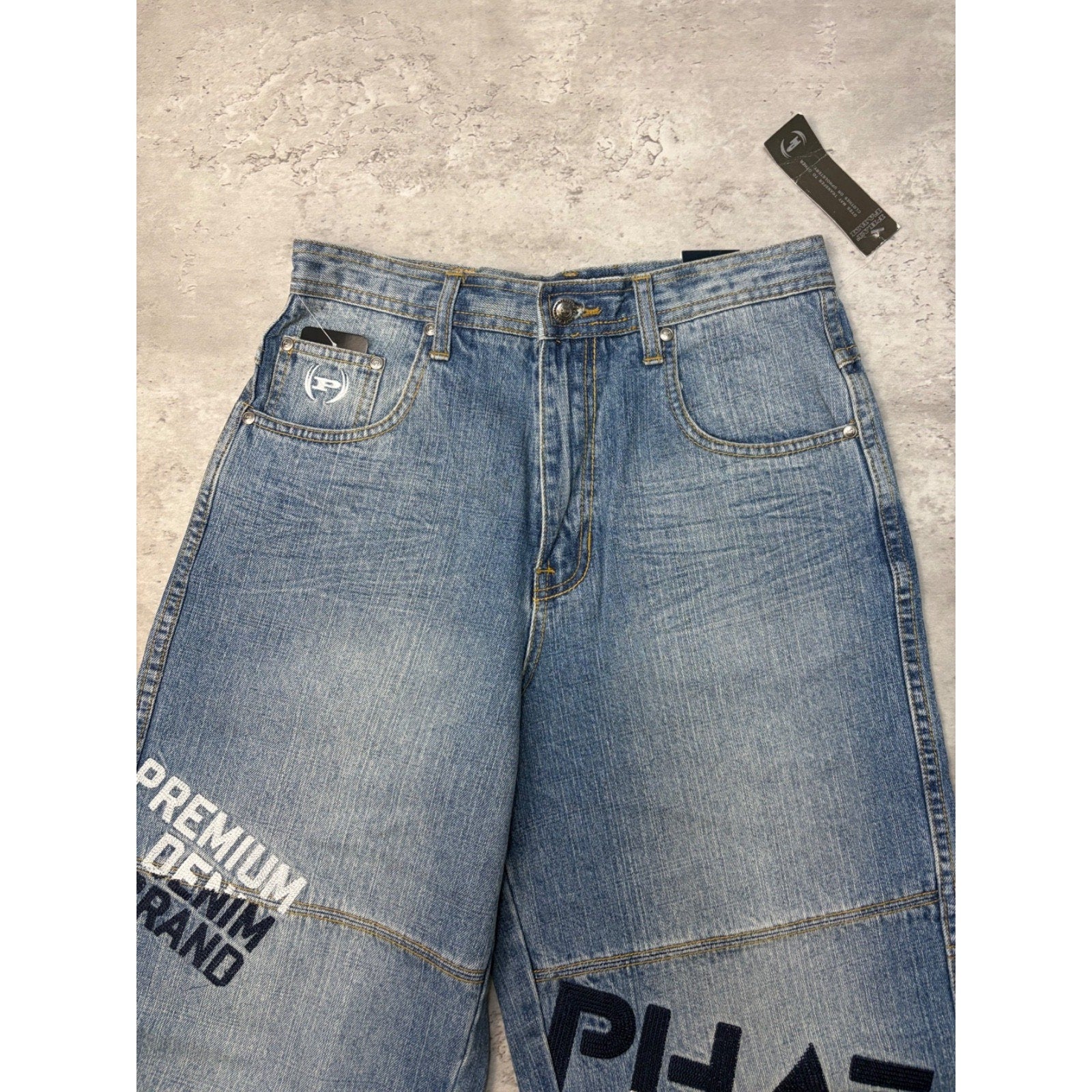Vintage Y2K Womens Phat Farm Embroidered Spellout Medium Wash Denim Pants