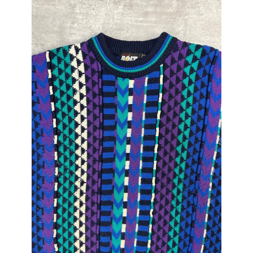 Vintage 90s Geometric Striped Print Pullover Knit Sweater Size XL