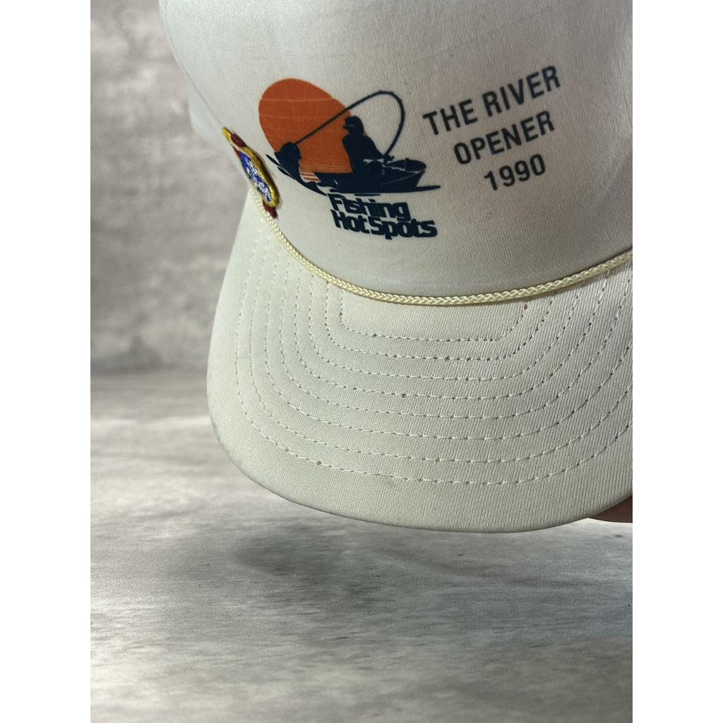 Vintage 1990 Fishing Spots The River Opener Graphic Trucker Snapback Hat OSFA