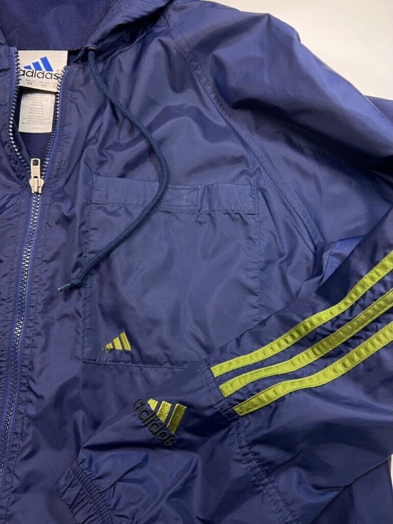 Vintage 90s Adidas Trefoil Three Stripe Windbreaker Hooded Jacket Size XL Blue