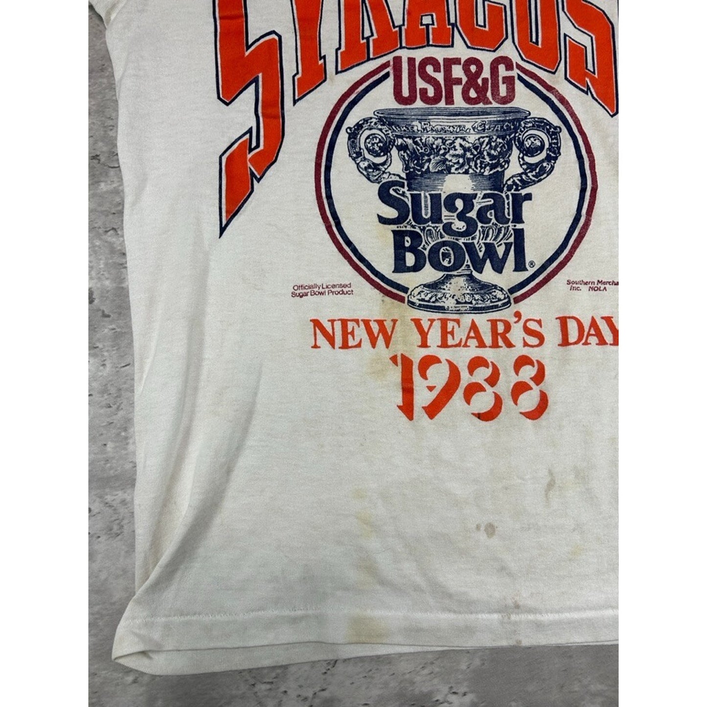 Vintage 1988 Syracuse Orangemen NCAA Sugar Bowl Football Jersey T-Shirt Sz Small