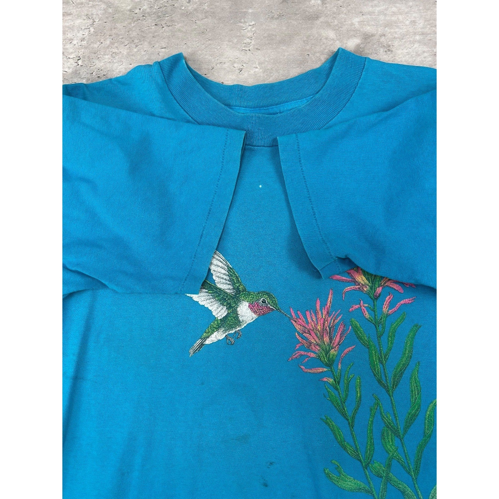 Vintage 90s Hummingbird Flower Nature Graphic T-Shirt Size Large Blue