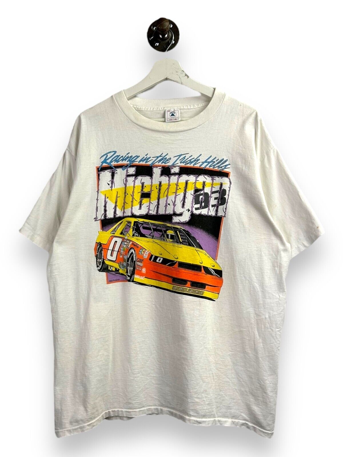 Vintage 90s Racing In The Irish Hills Michigan Racecar Graphic T-Shirt Size 2XL