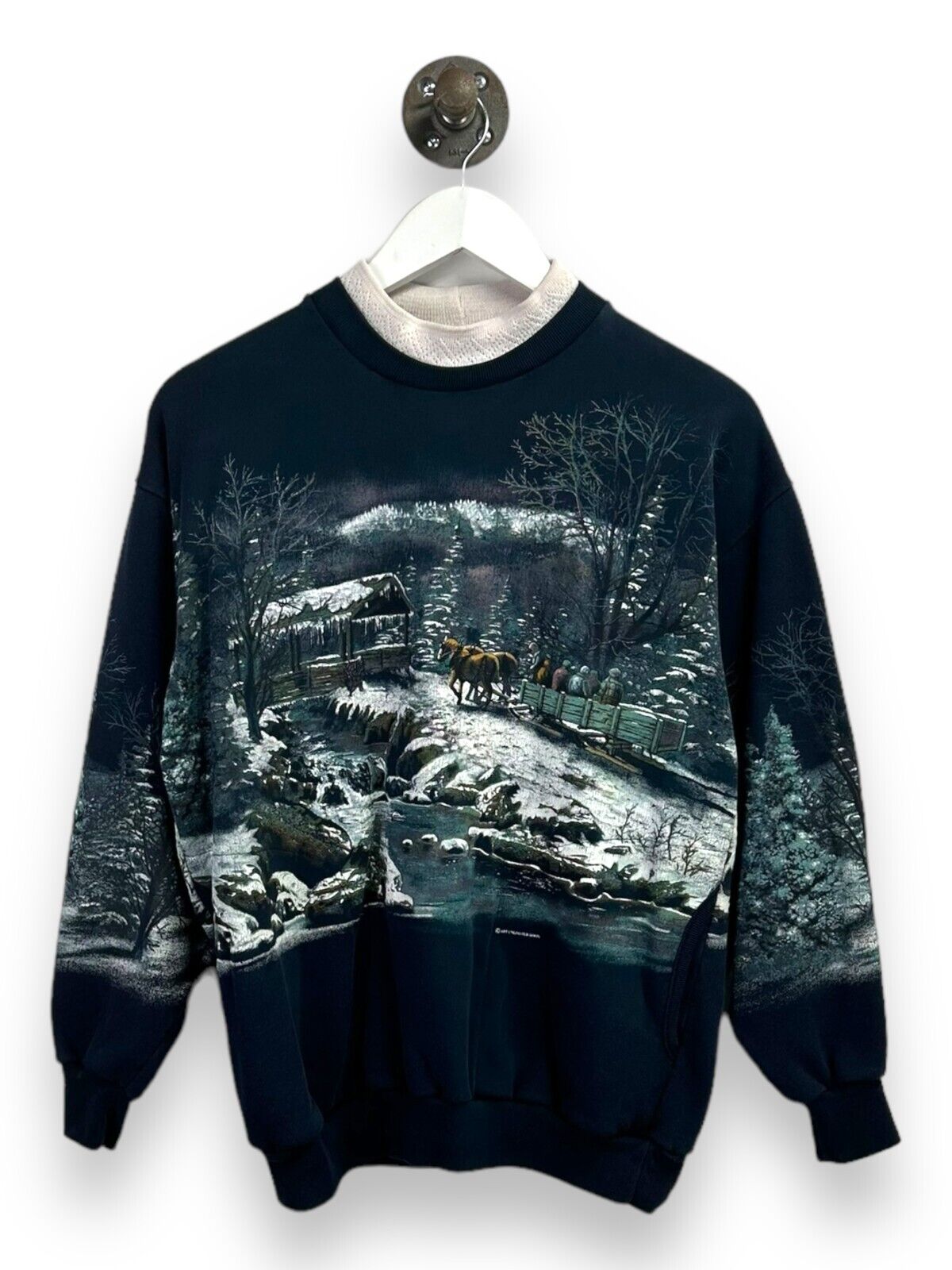 Vintage 90s Winter Carriage Ride Landscape AOP Graphic Sweatshirt Size Medium