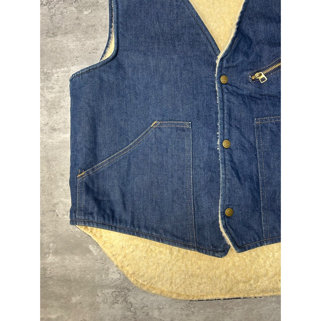 Vintage 70s Come On Strong Sherpa Lined Dark Wash Denim Vest Size Large