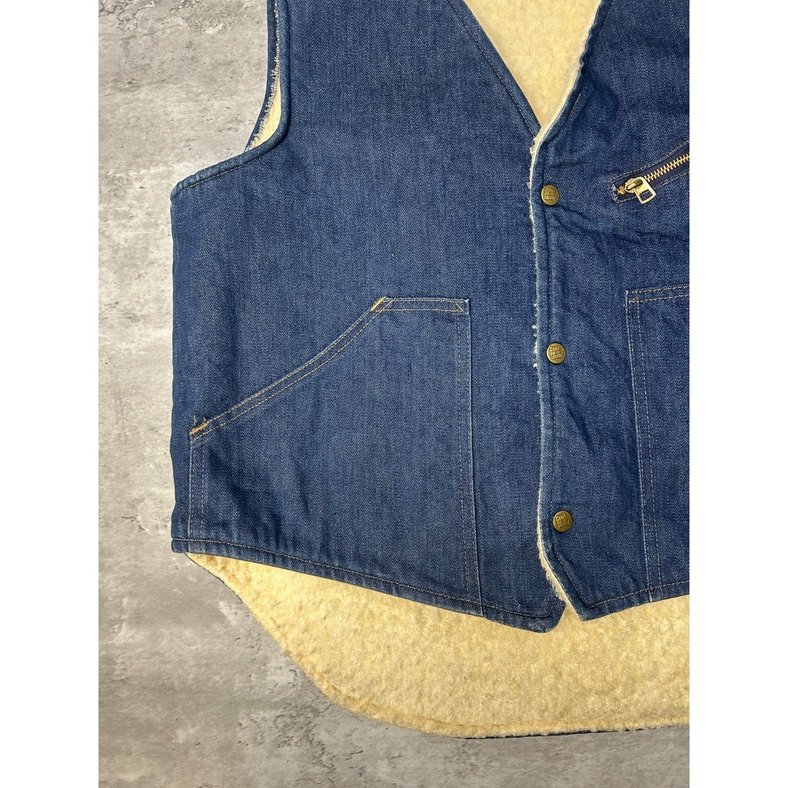 Vintage 70s Come On Strong Sherpa Lined Dark Wash Denim Vest Size Large