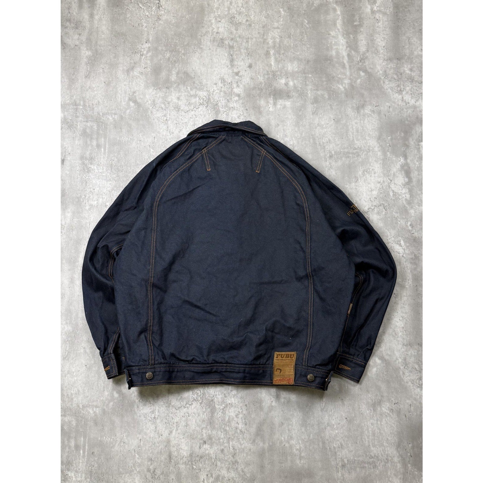 Vintage Y2K Fubu Contrast Embroidery Dark Wash Waxed Denim Jacket Size XL