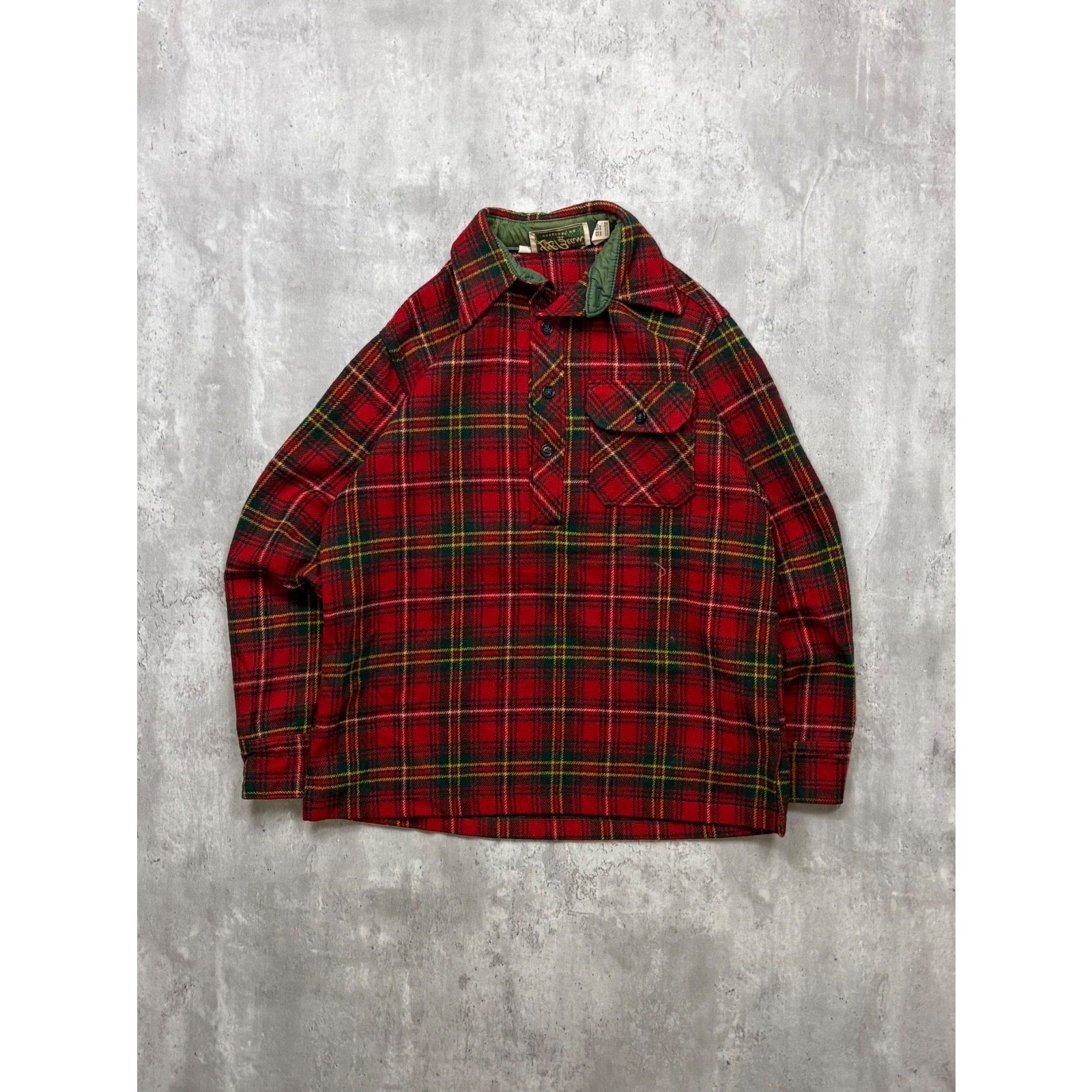 1960s L.L. Bean Red Plaid Print Long Sleeve 1/4 Button Up Shirt Size Medium