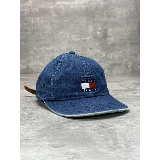 Vintage 90s Tommy Jeans Dark Wash Denim Embroidered Patch Strapback Hat OSFA