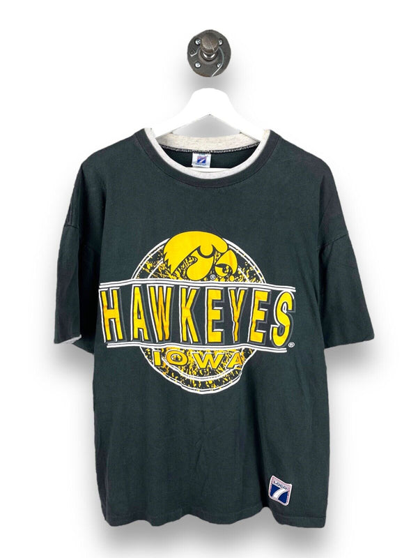 Vintage 90s Iowa Hawkeyes NCAA Big Graphic Logo7 Double Sleeve T-Shirt Sz Large