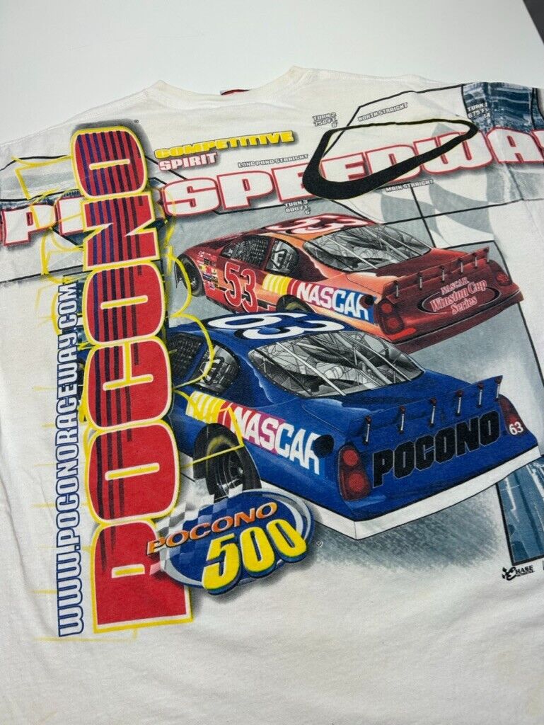 Vintage Nascar Pocono 500 Racing All Over Print Graphic T-Shirt Size XL White