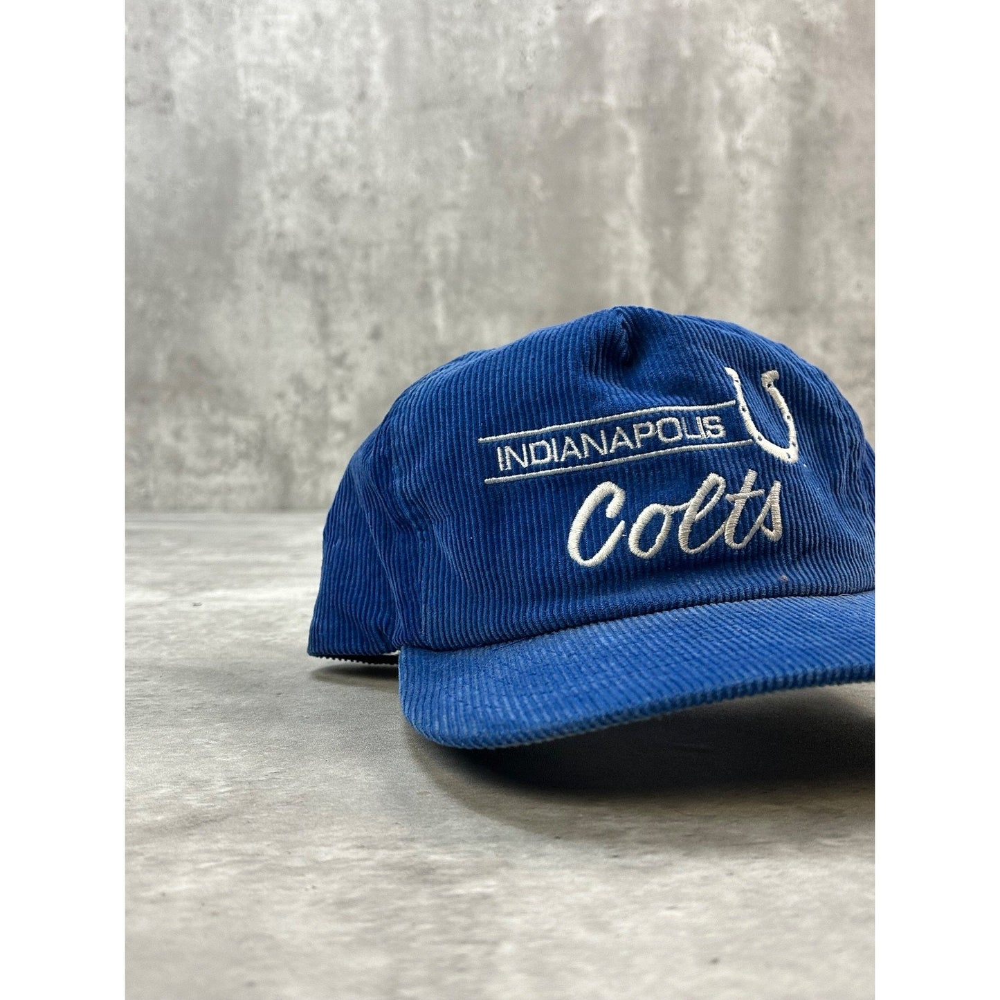 VTG 90s Indianapolis Colts NFL Embroidered Spellout Corduroy Snapback Hat OSFA