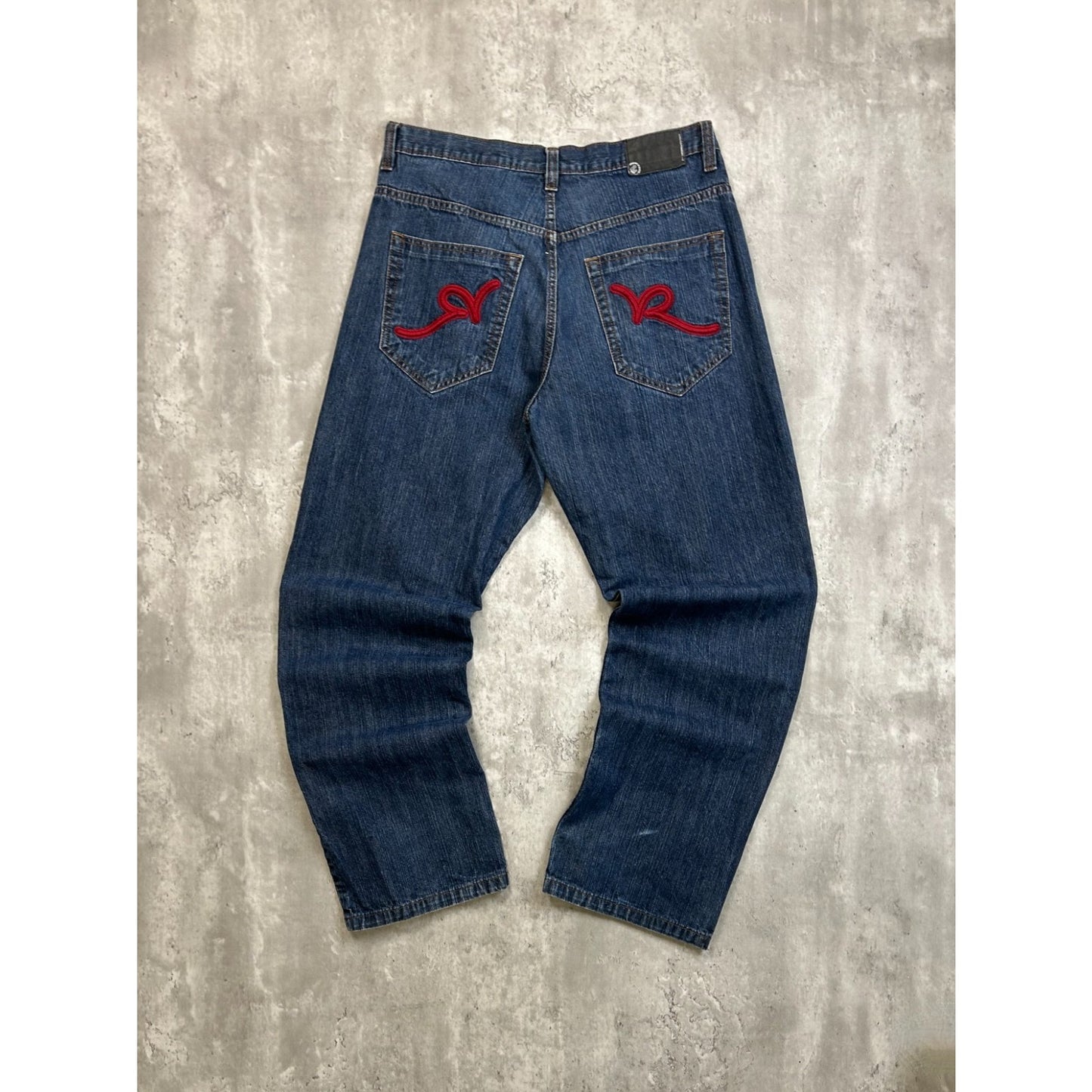Vintage Y2K Roca Wear Embroidered Pockets Dark Wash Denim Pants Size 35