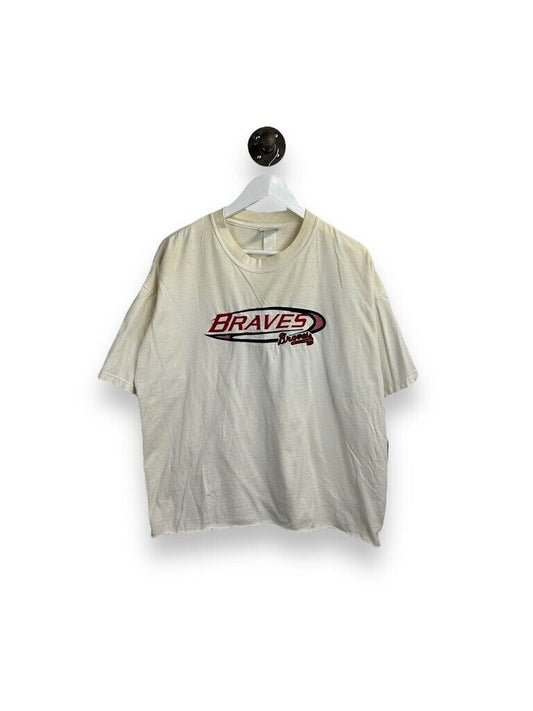 Vintage Atlanta Braves MLB Embroidered Spellout Cropped T-Shirt Size XL White