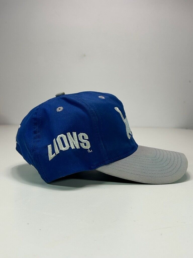 Vintage 90s Detroit Lions NFL Embroidered Logo Spell Out Snapback Hat OSFA Blue