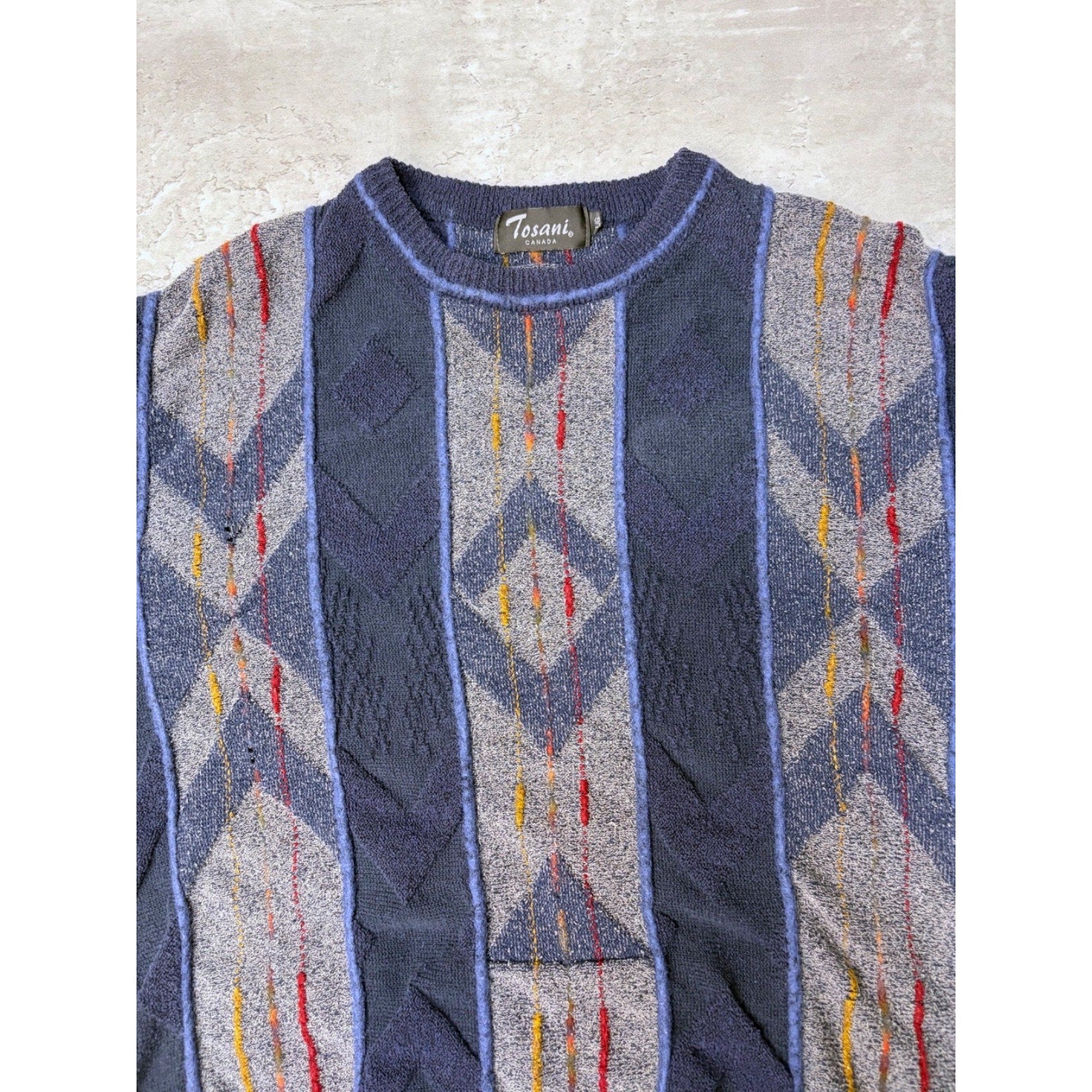 Vintage Tosani 3D Knit Style Textured Pattern Striped Sweater Size Large