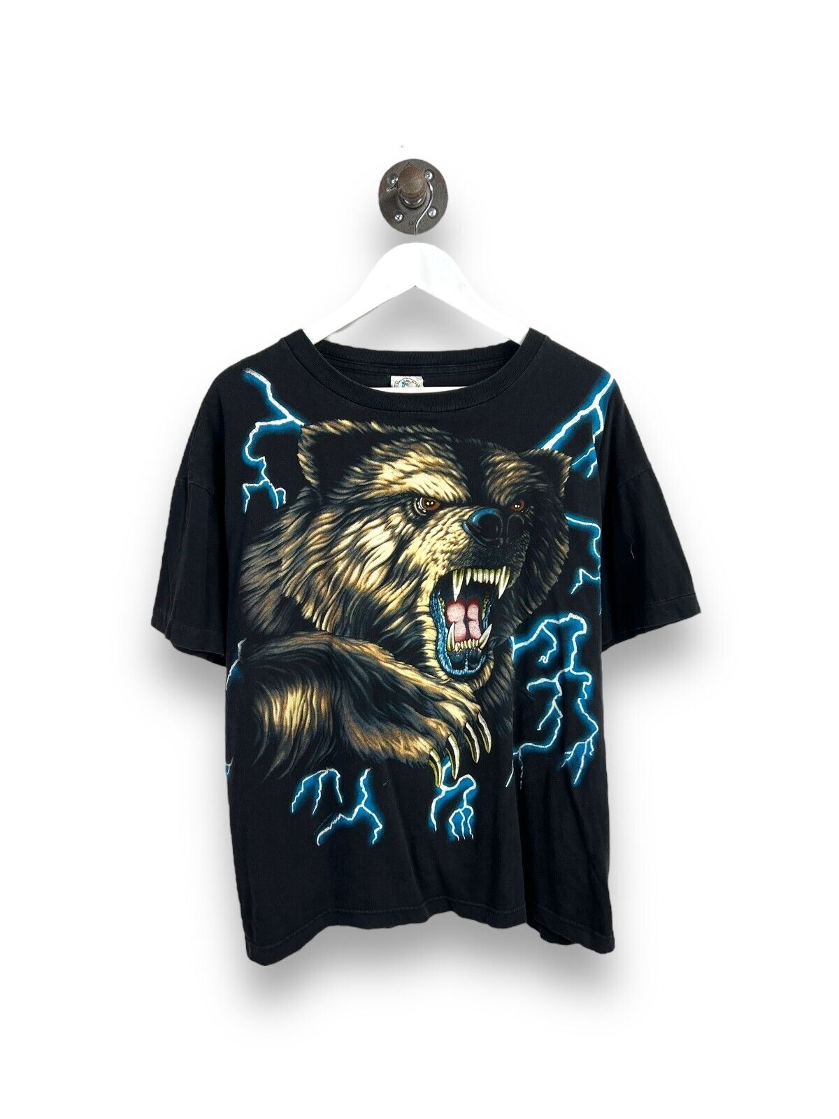 Vintage 90s American Thunder Grizzly Bear Lightning Graphic T-Shirt Size XL