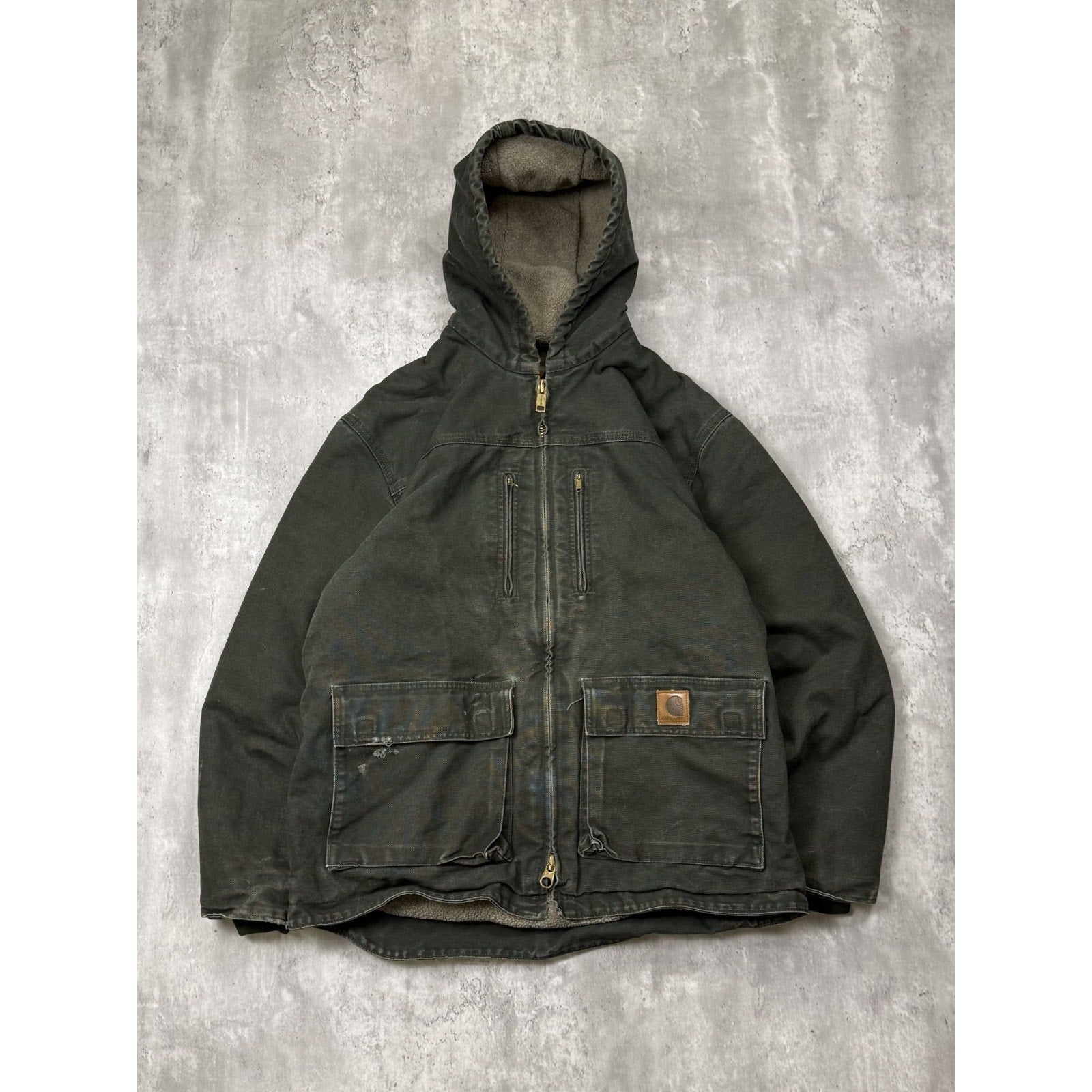 Vintage Carhartt Fleece Lined Canvas Workwear Hooded Jacket Size Medium C95 MOS