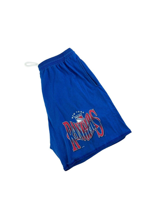 Vintage 90s New York Rangers NHL Graphic Spellout Sweat Shorts Size Medium Blue