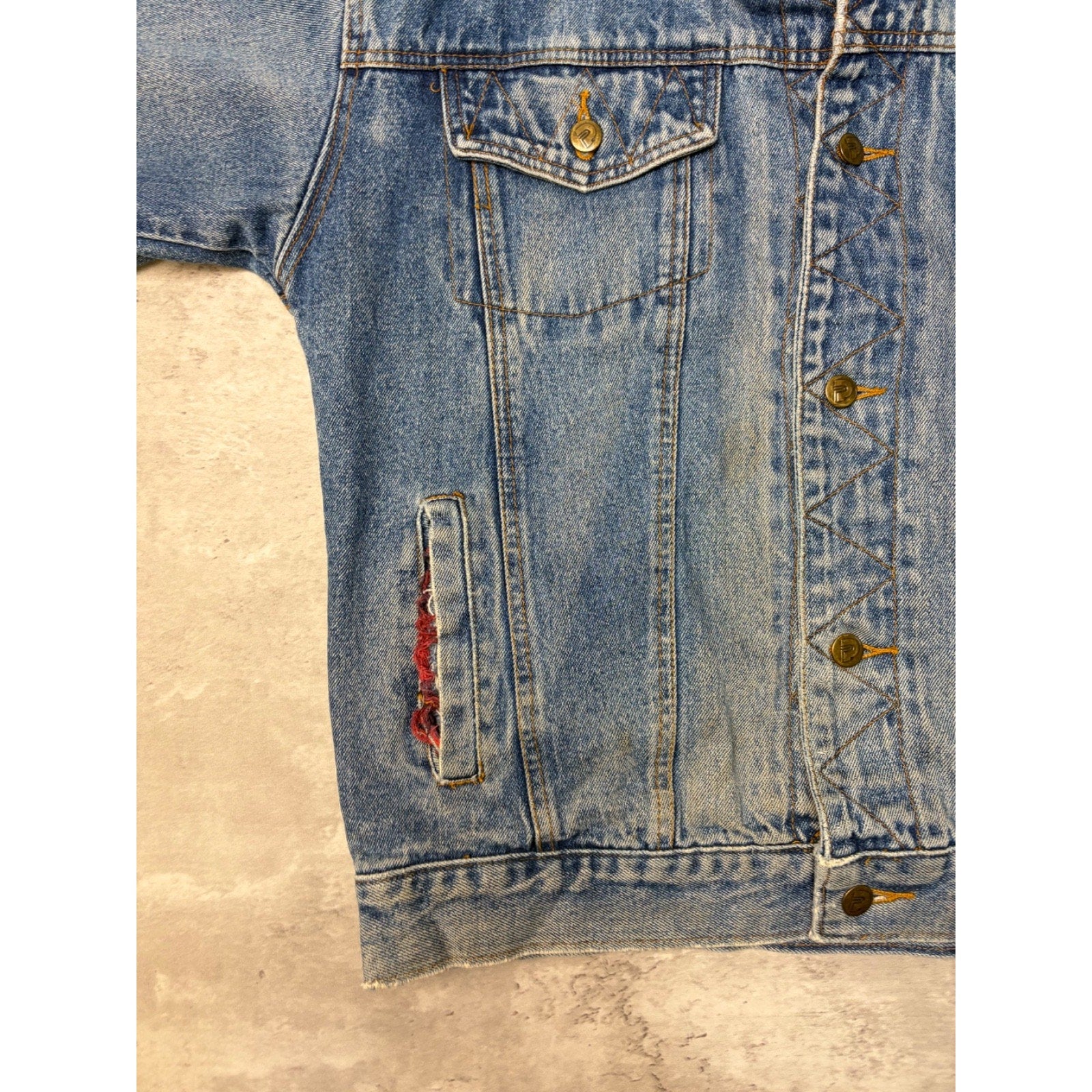 Vintage 90s Club P Plaid Lined Medium Wash Denim Trucker Jacket Size Medium