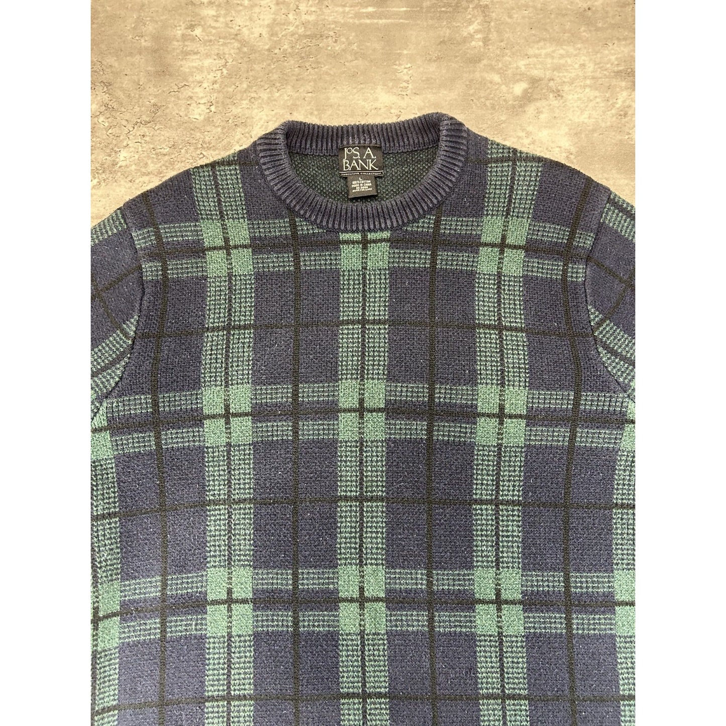Vintage 90s Jos. A. Bank Plaid Print Pullover Ribbed Knit Sweater Size Large