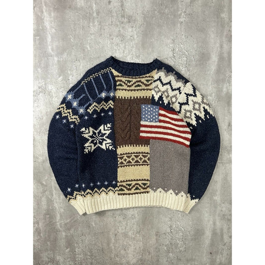 Vintage 90s American Flag Abstract Print Pullover Knit Sweater Size Large
