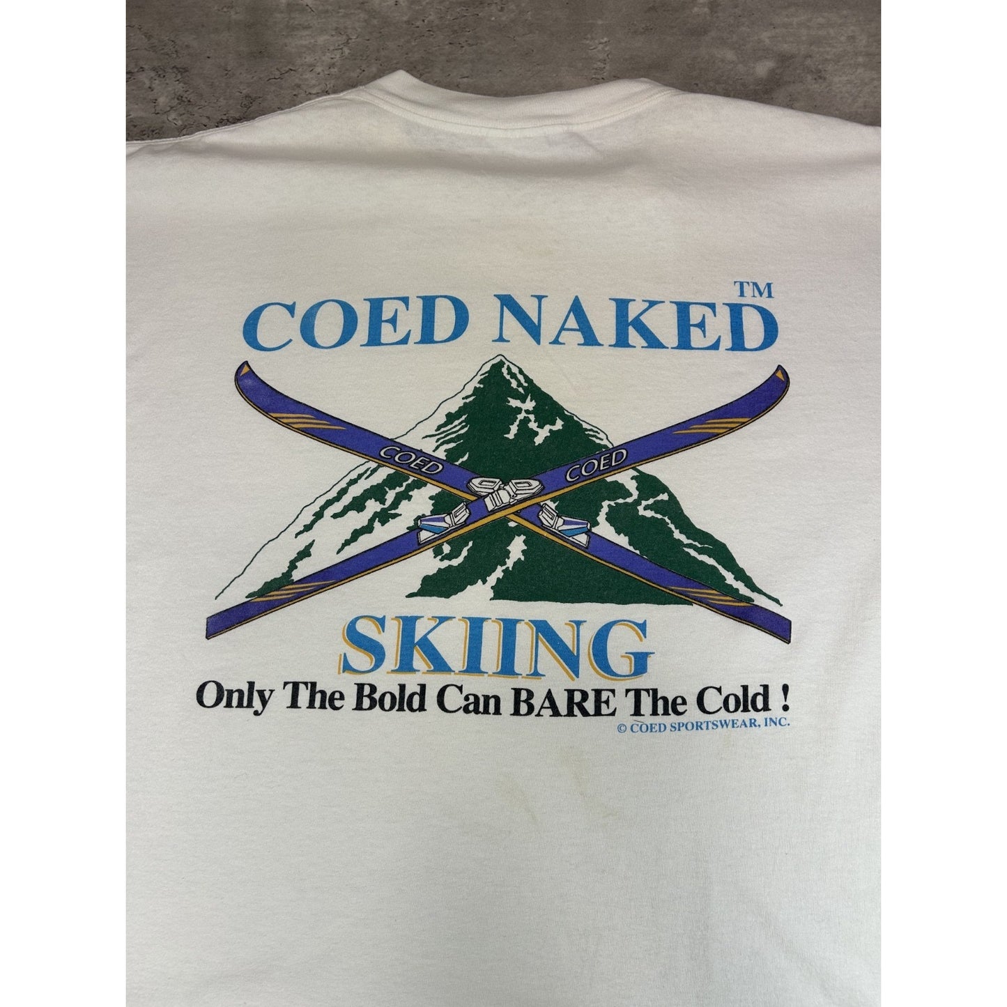 Vintage 90s Coed Naked Skiing Comedy Spellout Graphic T-Shirt Size XL White