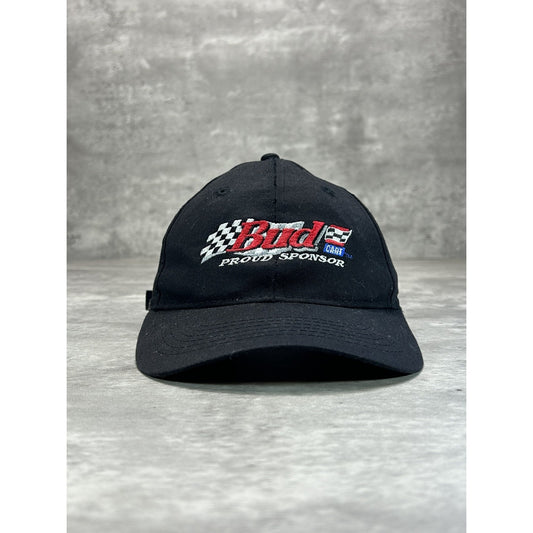 Vintage Budweiser Racing Embroidered Spellout Nascar Strapback Hat OSFA Black