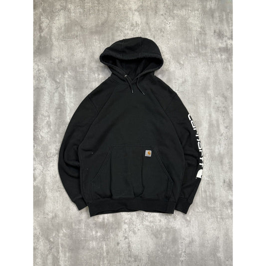 Vintage Carhartt Sleeve Spellout Workwear Hooded Sweatshirt Size Medium Black