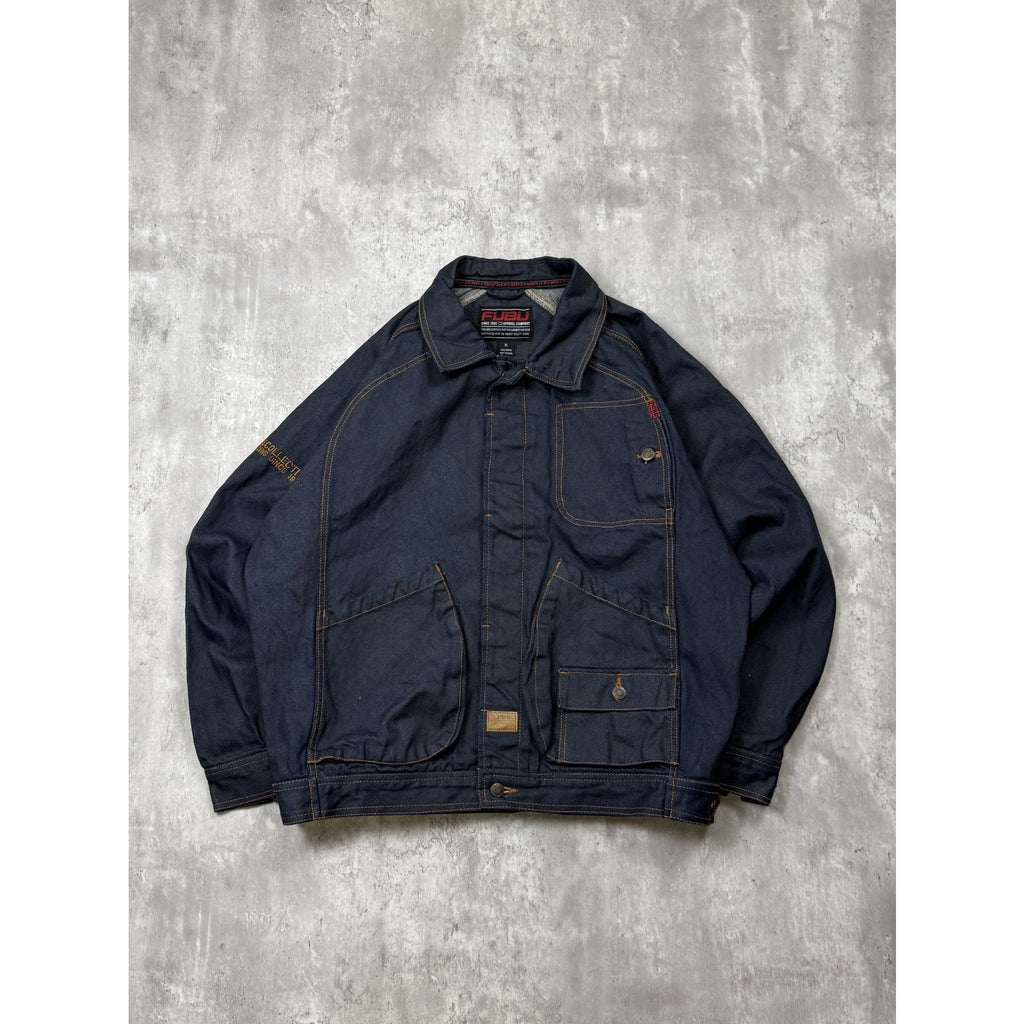 Vintage Y2K Fubu Contrast Embroidery Dark Wash Waxed Denim Jacket Size XL