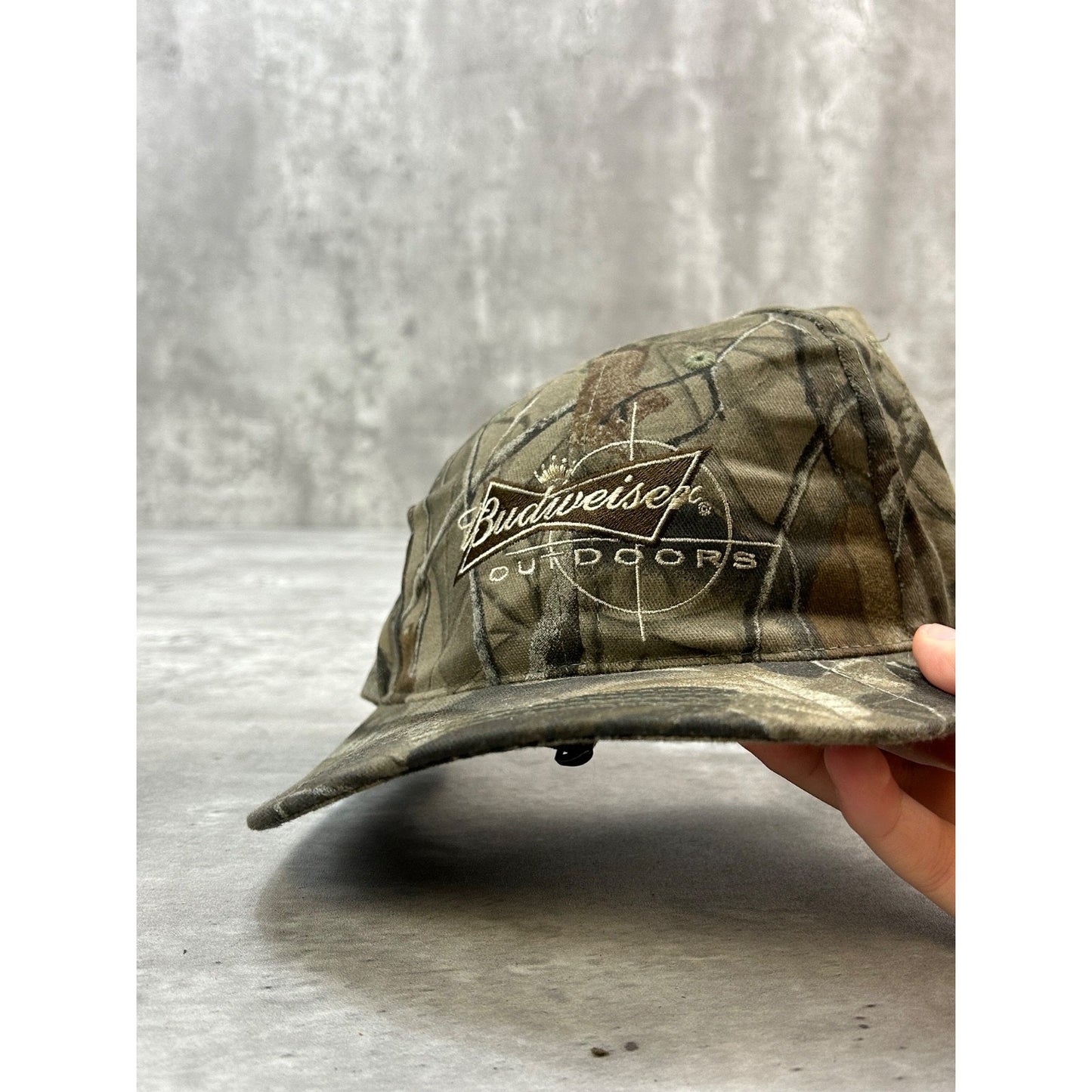 Vintage Budweiser Outdoors Embroidered Tree Camo Hunting Snapback Hat OSFA