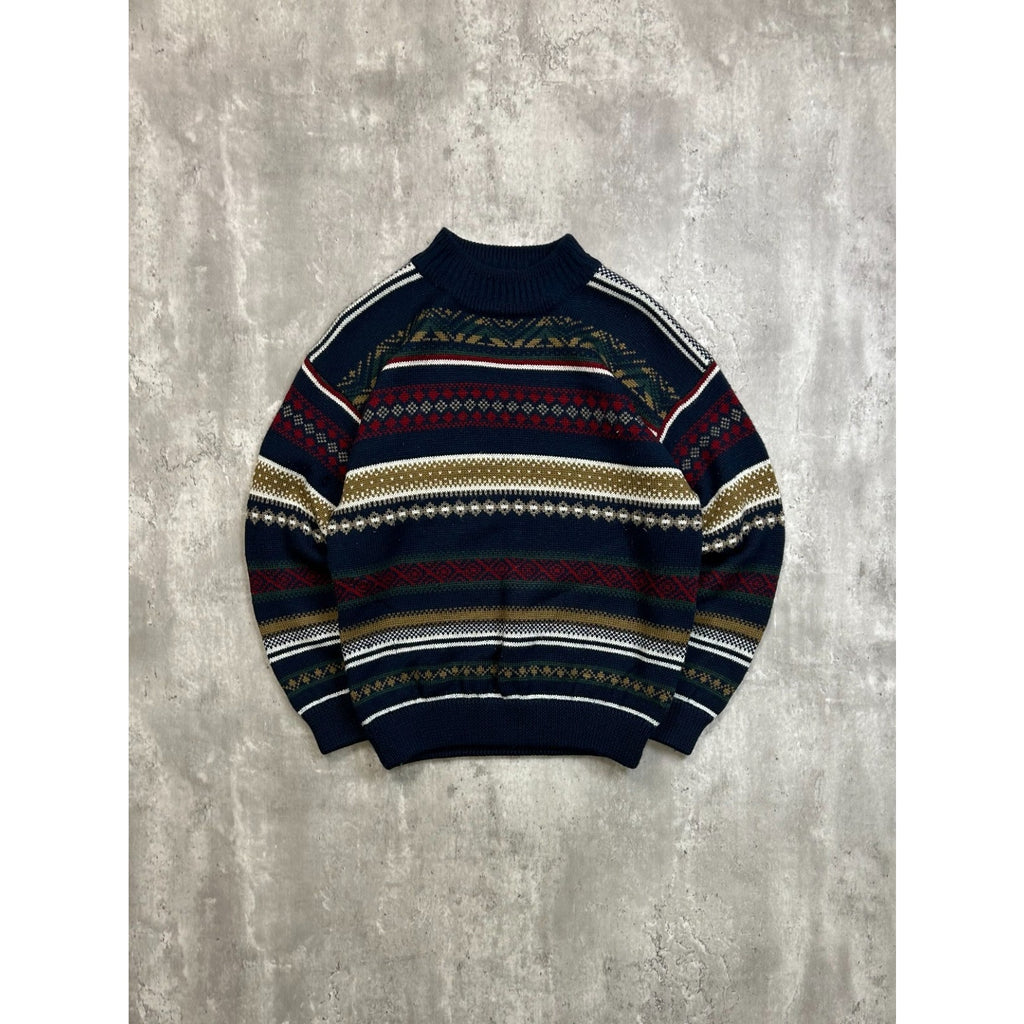 Vintage Abstract Striped Geometric Pullover Ribbed Knit T-Shirt Size Small