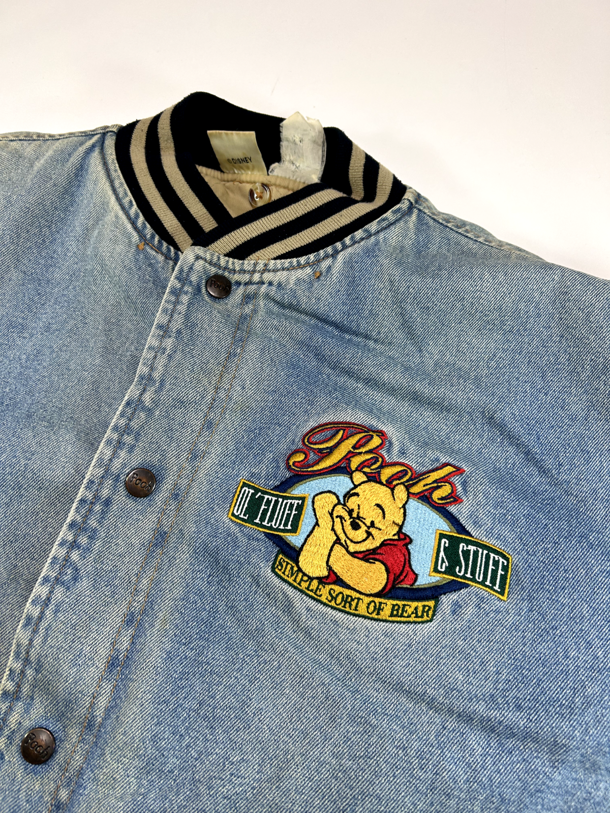 Vintage 90s Winnie The Pooh Embroidered Denim Varsity Jacket Size Large