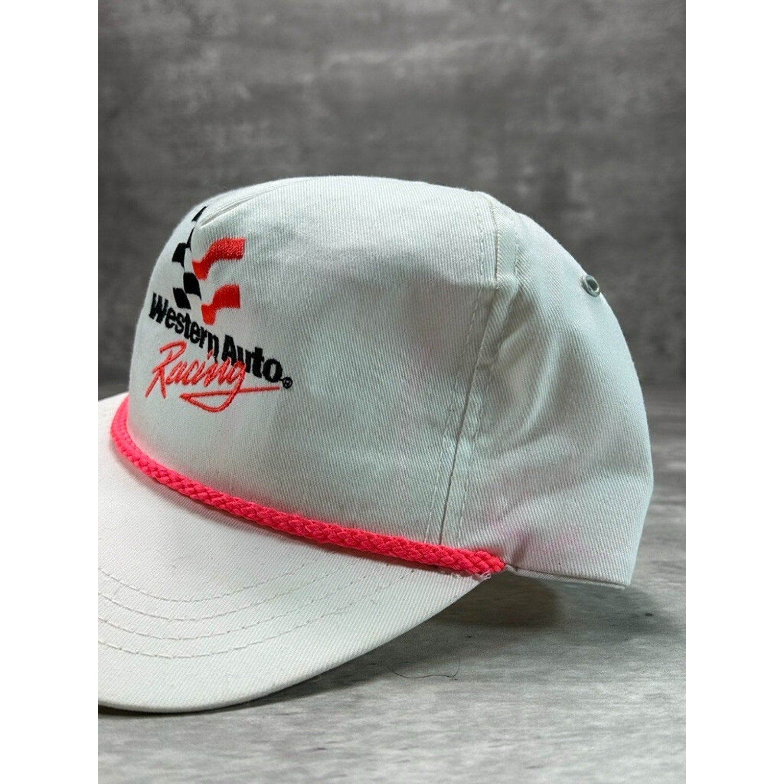 Vintage 90s Western Auto Racing Embroidered Spellout Snapback Hat OSFA White