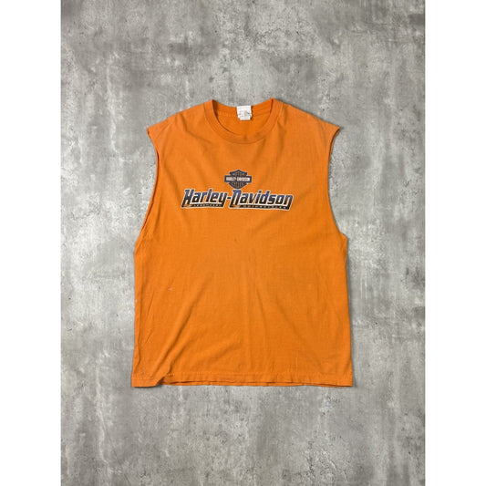 Vintage Harley Davidson Classic Logo Spellout Sleeveless T-Shirt Size XL Orange