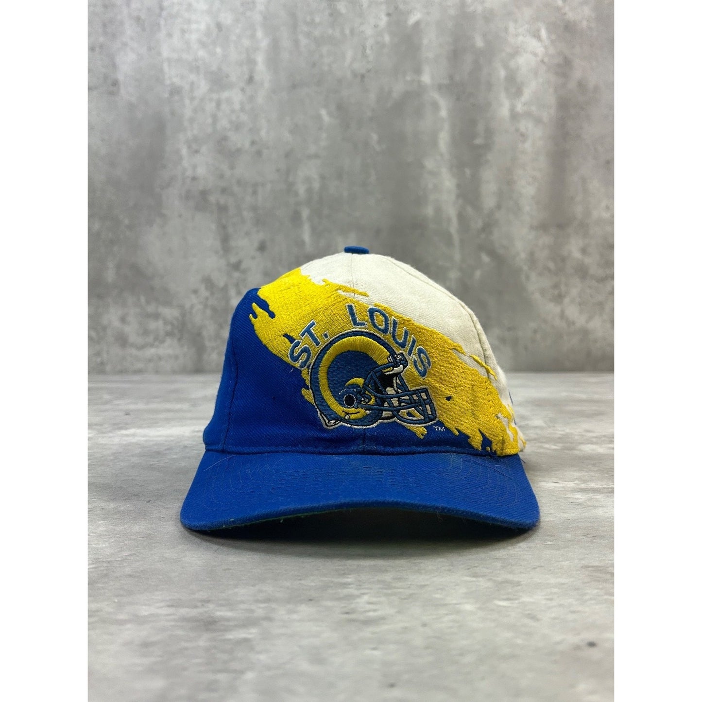 Vintage 90s St Louis Rams NFL Logo Athletic Splash Snapback Hat OSFA