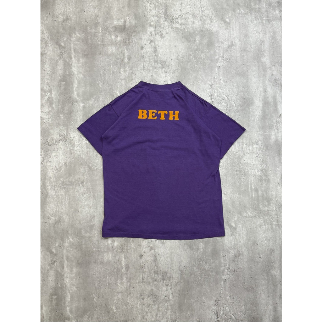 Vintage 80s Bleacher Jocks Felt Spellout Graphic T-Shirt Size Medium Purple
