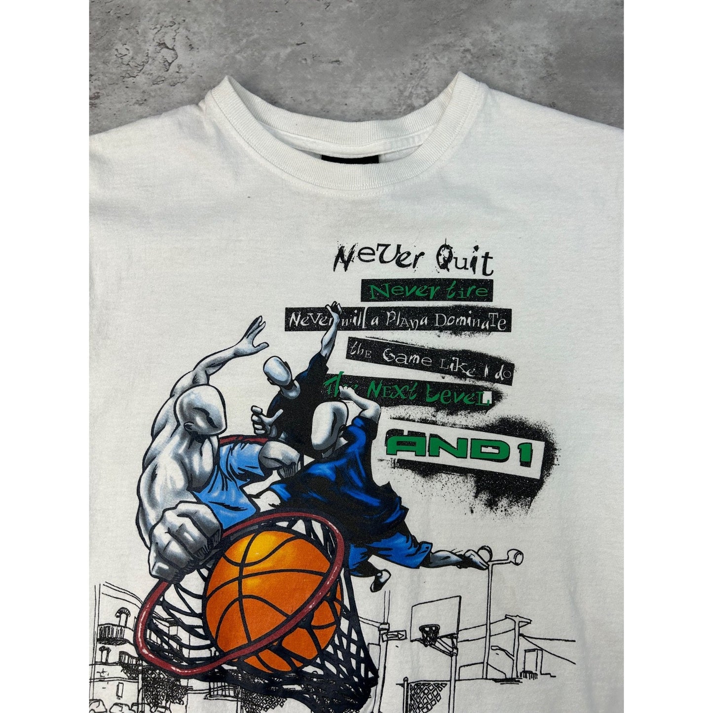 Vintage Y2K AND1 Never Give Up Never Tire Slogan Basketball T-Shirt Size XS