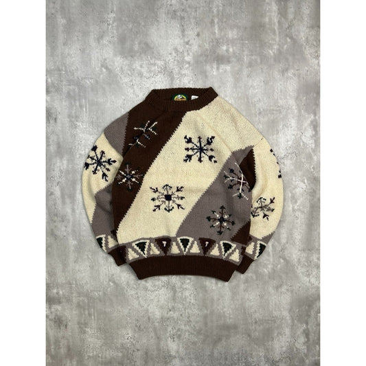Vintage Trail N Toe Earth Tone Striped Snowflake Print Knit Sweater Size Large