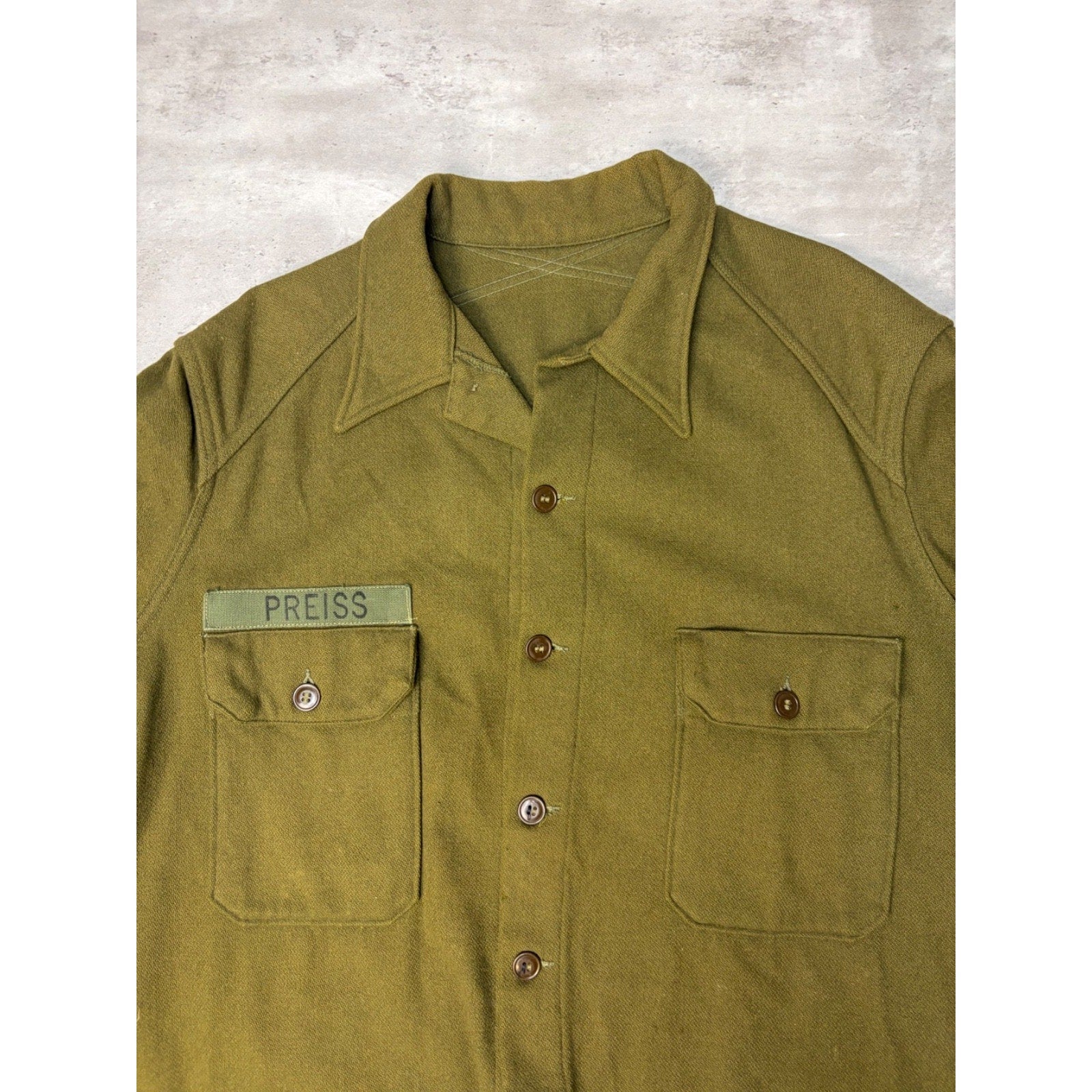 Vintage 1950s US Army OG 107 Patched Wool Field Button Up Shirt Size 2XL