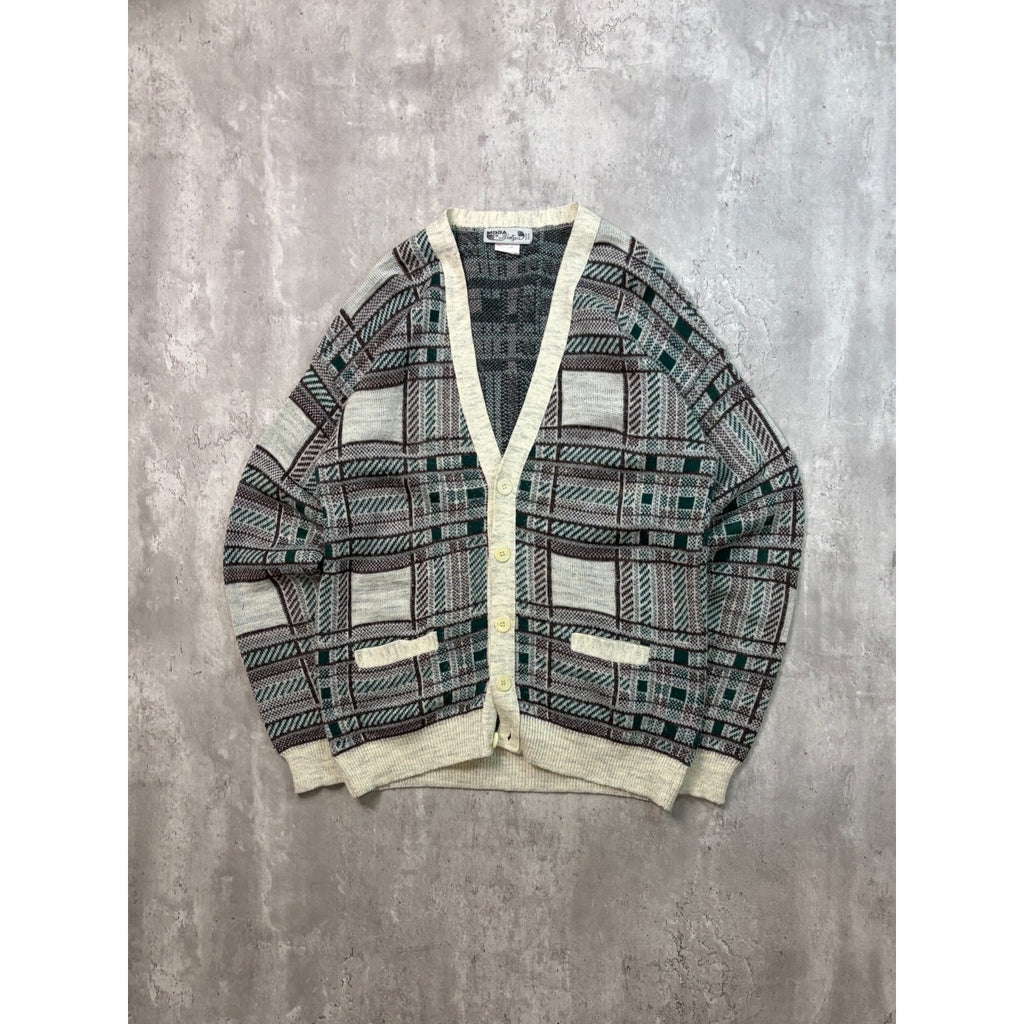 Vintage 80s Moda Abstract Plaid Print Cardigan Knit Sweater Size Large